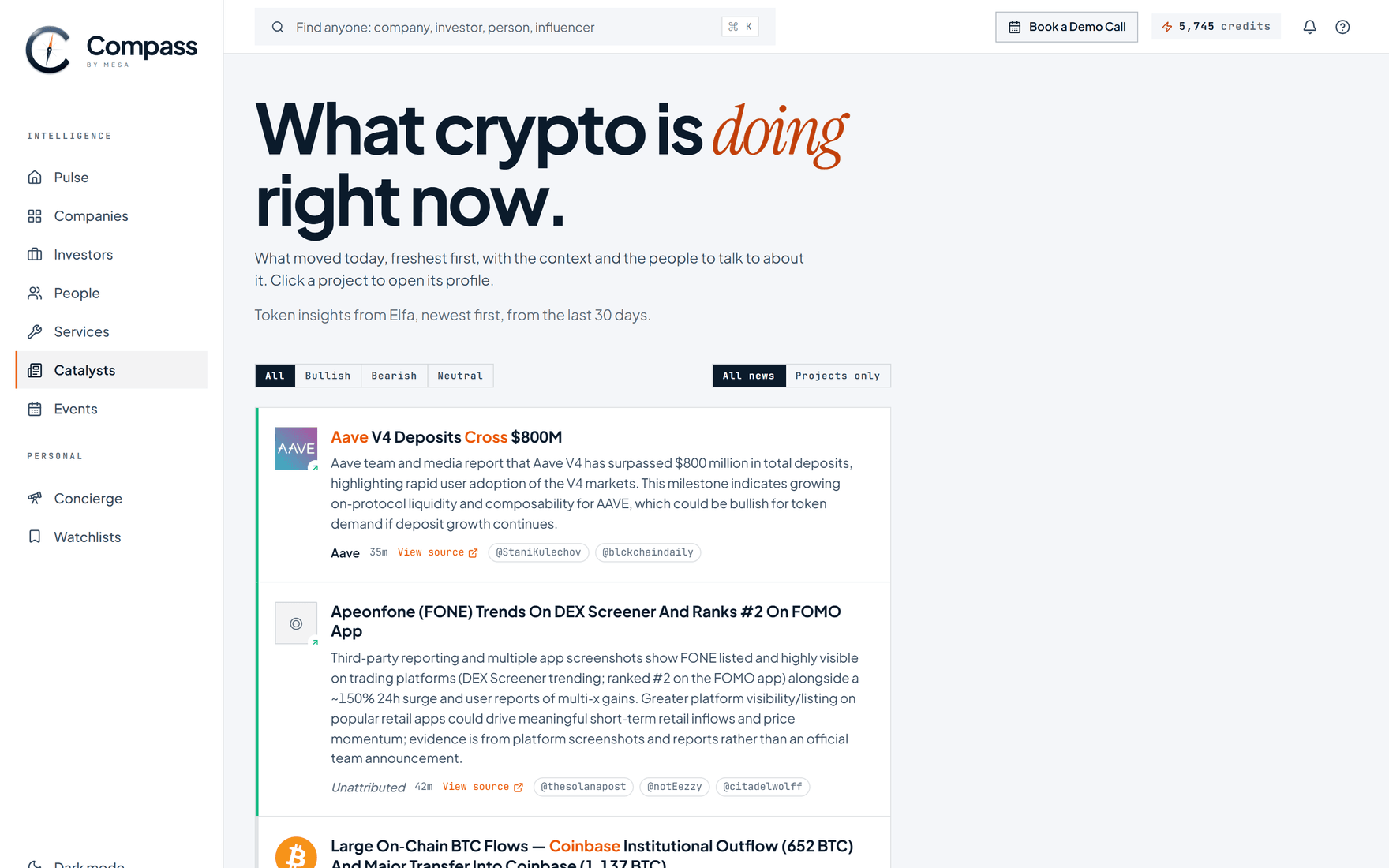 The Catalysts feed showing recent token insights, each linked to its project