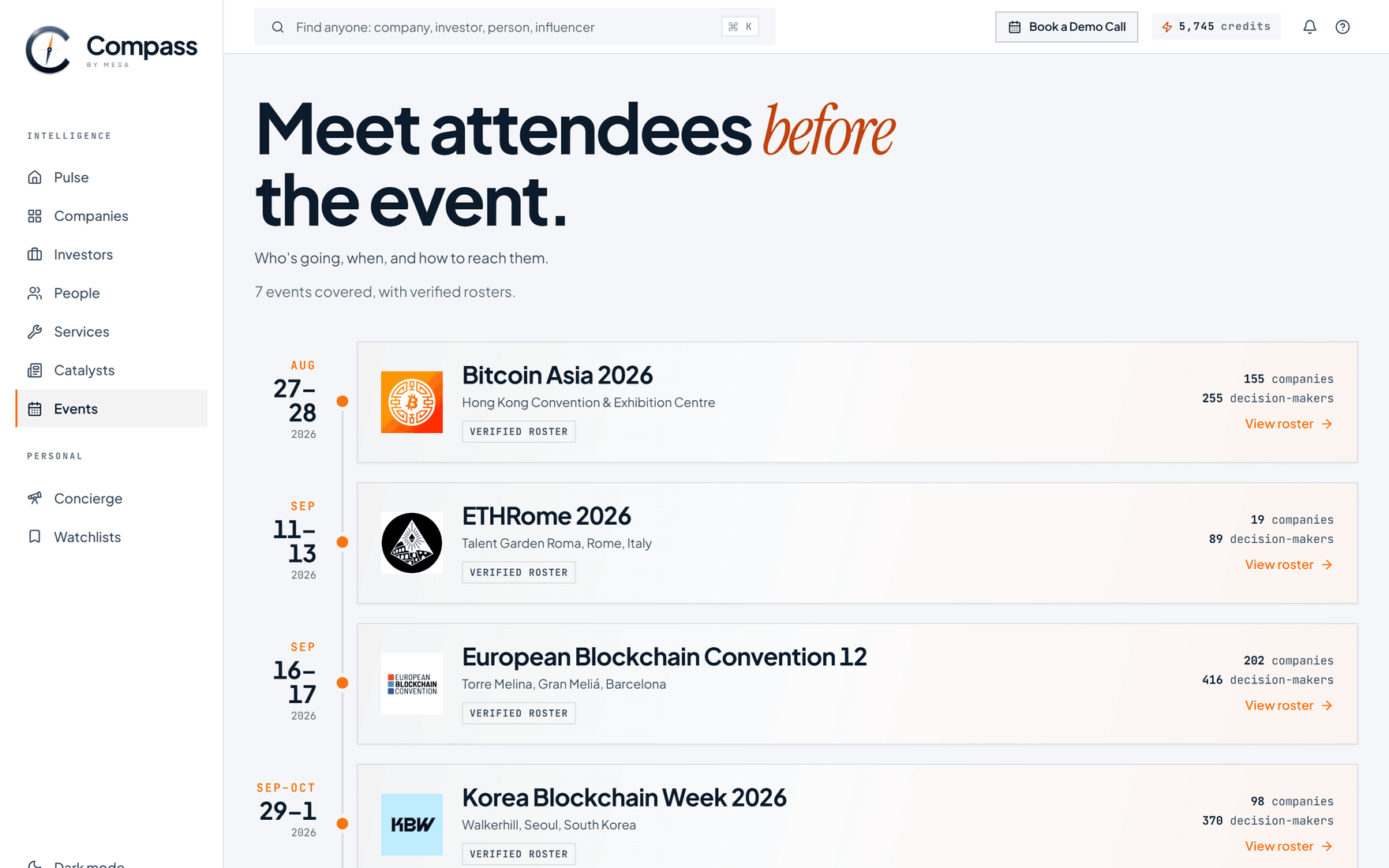The Compass events list, each event showing its dates, venue and roster size