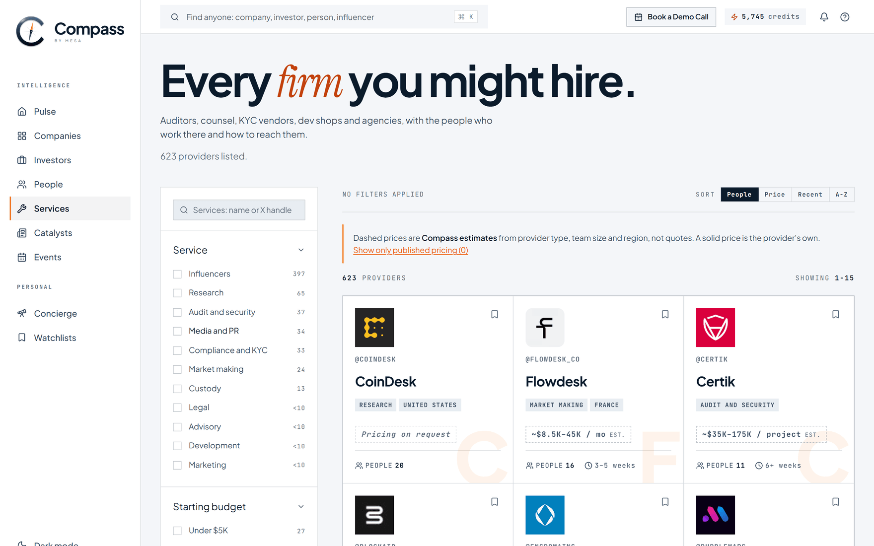 The Services directory with the type filter open